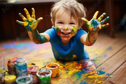 A child happily playing with colours, fingerprint arts, imaginative fingerpainting, cute fingerpainting photo