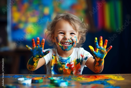 A child happily playing with colours, fingerprint arts, imaginative fingerpainting, cute fingerpainting photo