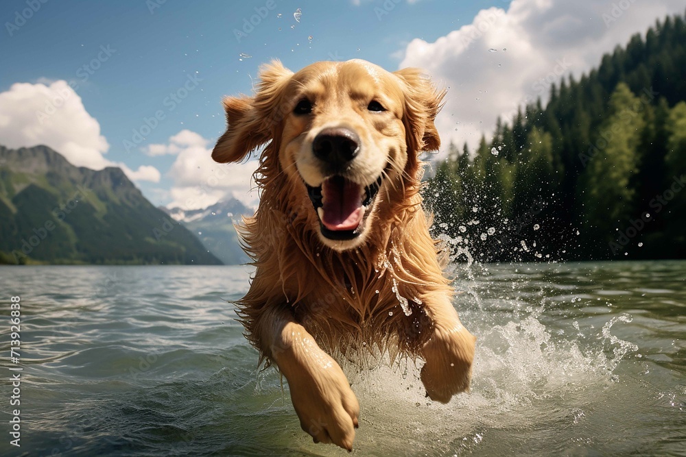 A happy Golden Retriever dog running out of a mountain lake with water splashes and a scenic nature background