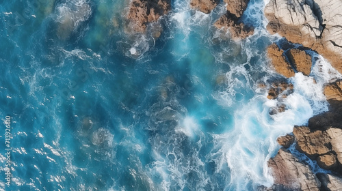 Aerial view of sea and rocks, ocean blue waves crashing on shore. Drone photo, top view of seascape ocean wave. Landscape with turquoise water beating rocky boulder. Azure beach nature background 