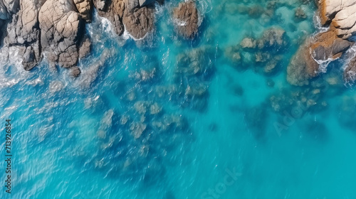 Drone photo, top view of seascape ocean wave. Landscape with turquoise water beating rocky boulder. Azure beach with clear water. Aerial view of sea and rocks, ocean blue waves crashing on shore. 
