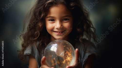 Kids girl hand delicately holding a smile sphere, rendered in the photographic style of National Geographic