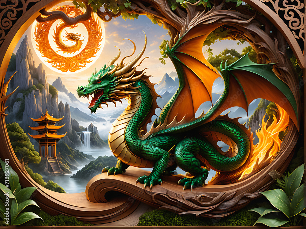 Chinese New Year symbol. Elemental Harmony: A Tranquil Coexistence of the Wood Dragon and Nature's Serenity. generative AI Chinese New Year symbol. Elemental Harmony: A Tranquil Coexistence of the Wood Dragon and Nature's Serenity. generative AI
