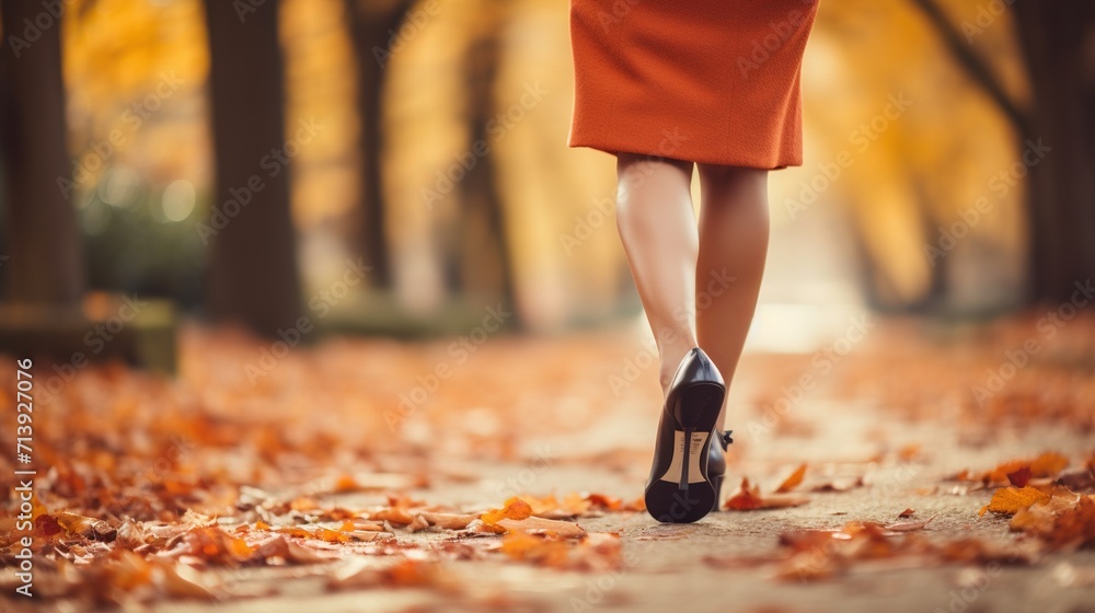 Macro shot capturing the elegance of a woman's leg walking through an autumn park, back view, Instagram style, copy space