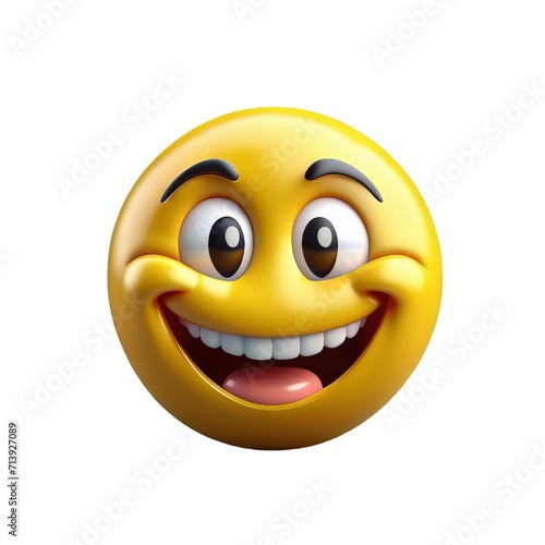 Yellow Emoji with Big Smile and Raised Eyebrows on White Background