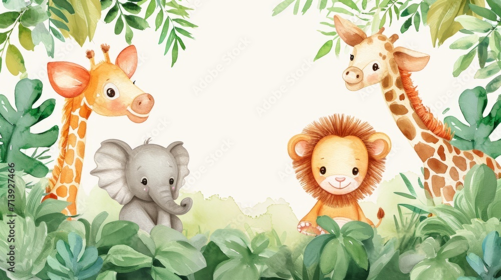 Obraz premium Watercolor Illustration Baby Safari Animal banner background