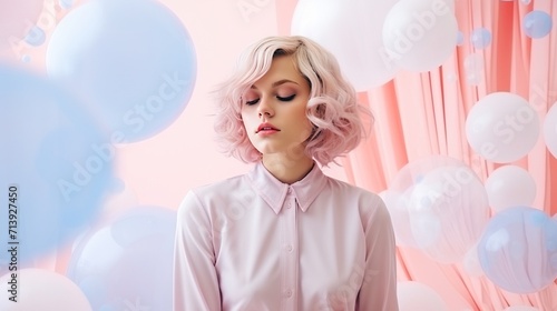 Pretty young woman in a pastel-colored studio, reminiscent of the aesthetic of Tim Walker, with a focus on the use of negative space for copy