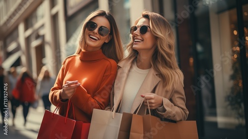 Smiling attractive young women shopping with handling a bag