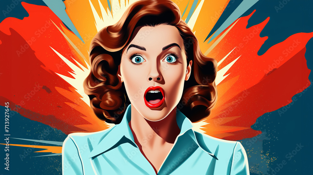 Vivid portrait of surprised woman in retro pop art style captures her astonishment with bold colors and dynamic shapes evoking spirit of 1960s, vintage advertising billboard of shocked female