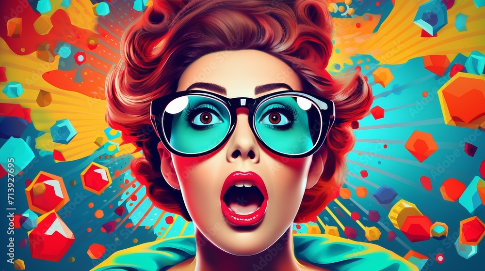 Portrait of surprised woman in glasses in retro pop art style, astonishment on woman face with bold colors and dynamic shapes evoking spirit of 1960s, vintage advertising billboard of shocked female - obrazy, fototapety, plakaty 