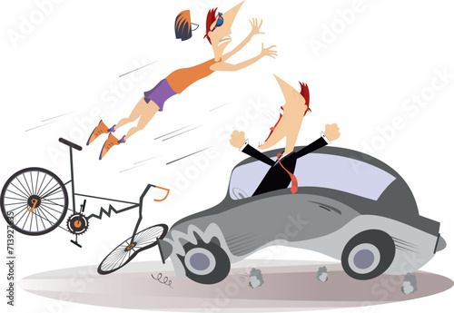 Traffic accident. Bike accident - collisions with car. Automobile knocking down man riding on bike. Road collision with cyclist involved