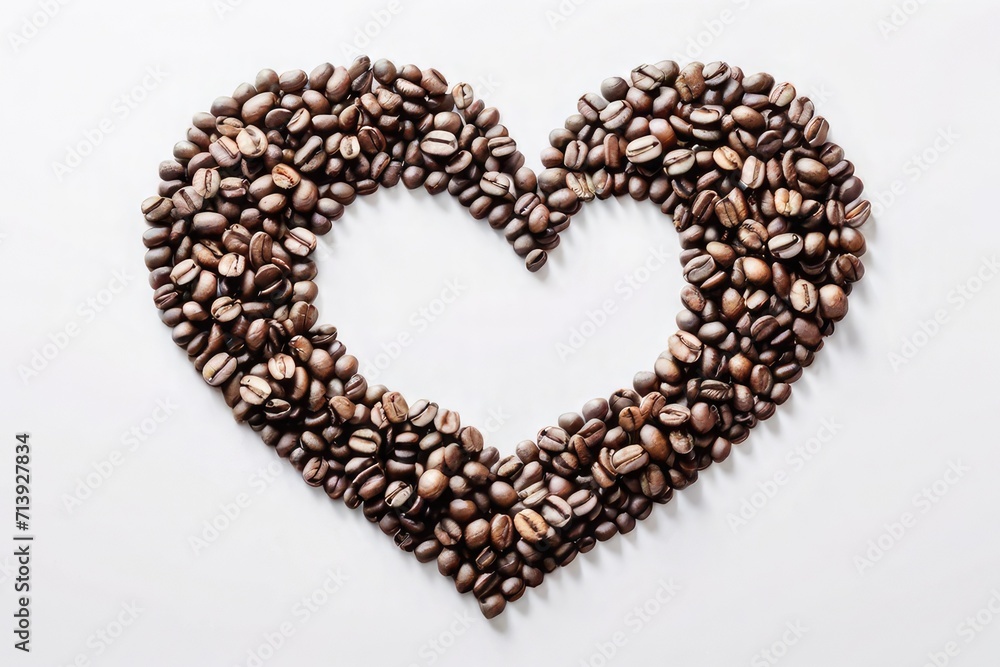 Coffee beans are laid out in a heart shape on a beige background Coffee beans are laid out in a heart shape on a beige background