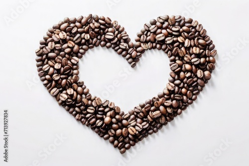 Coffee beans are laid out in a heart shape on a beige background © cvetikmart