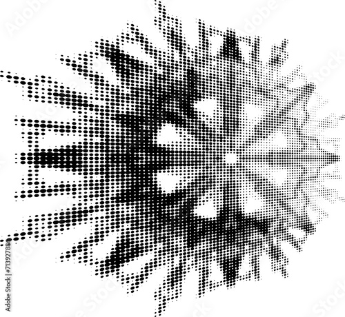 A dotted halftone mandala rushing forward with the right part lightened. Vector.