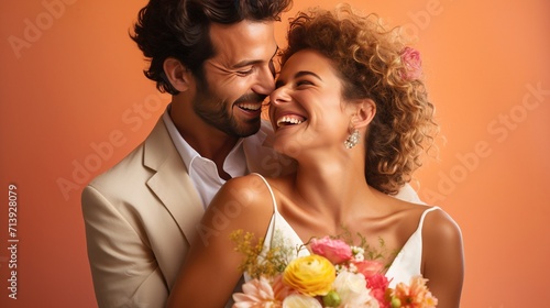 Wedding bliss captured in a real photo, stock photography style, featuring a happy young couple against a beautifully colored background