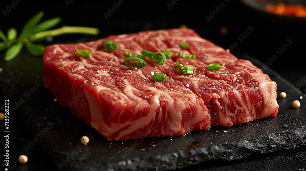 Japanese marbled beef steak. The meat is of very high quality. On the table. Unusual background. With spices and rosemary. Japanese marbled beef steak. The meat is of very high quality. On the table. Unusual background. With spices and rosemary.