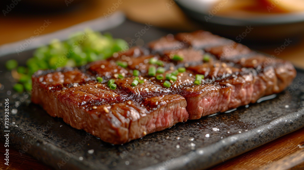 Japanese marbled beef steak. The meat is of very high quality. On the table. Unusual background. With spices and rosemary. Japanese marbled beef steak. The meat is of very high quality. On the table. Unusual background. With spices and rosemary.