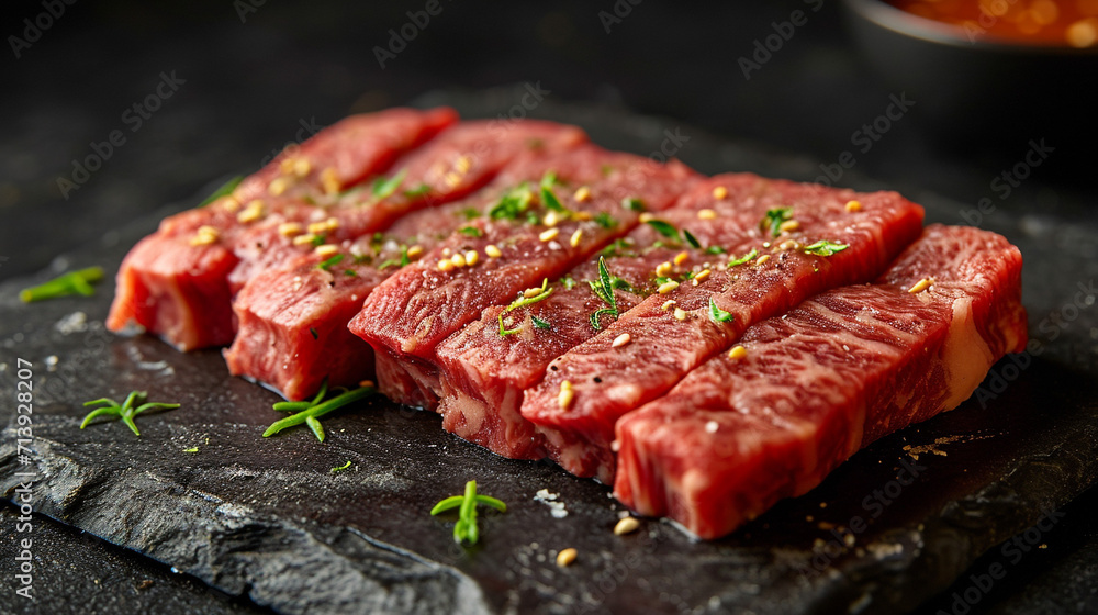 Japanese marbled beef steak. The meat is of very high quality. On the table. Unusual background. With spices and rosemary.