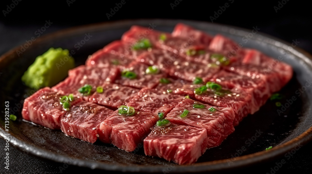 Japanese marbled beef steak. The meat is of very high quality. On the table. Unusual background. With spices and rosemary.