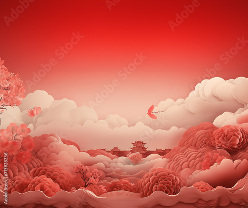 Red background, Chinese building in beautiful view, red sky and white cloud and big flower and little tree GenerativeAI, chinese style, papercut style