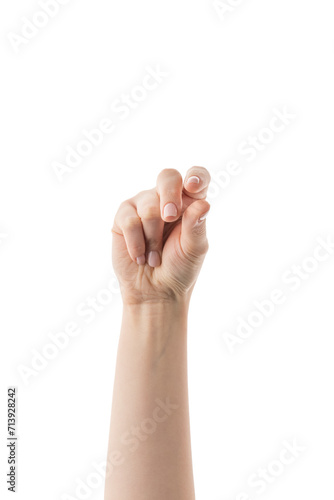 Young woman hand to hold something like pen or marker isolated on white background