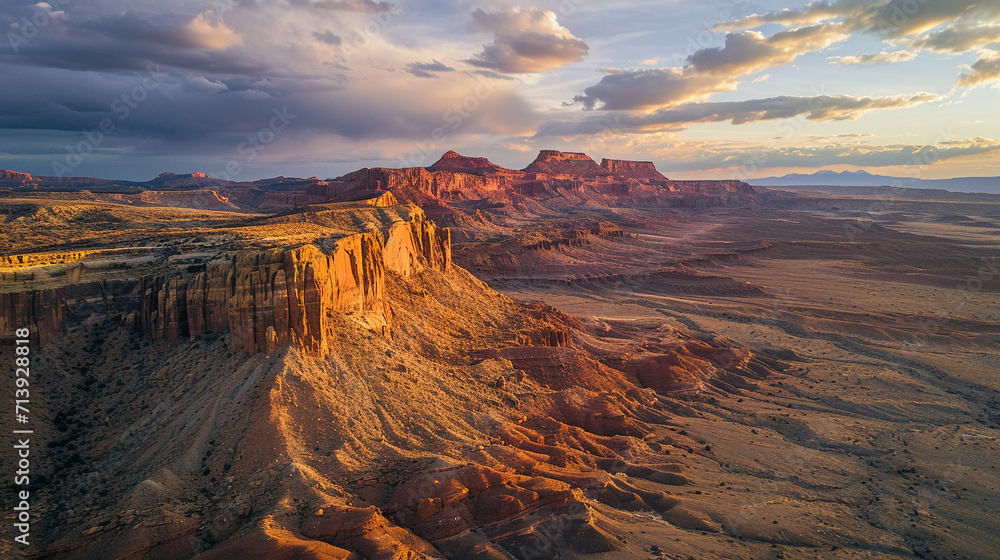 At sunset, observe an overhead perspective of a sandstone butte situated in the desert valley of Utah, specifically in Capitol Reef National Park near Hanksville, United States. Generative AI