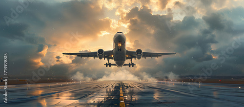 an airplane takes off from the end of the runway photo