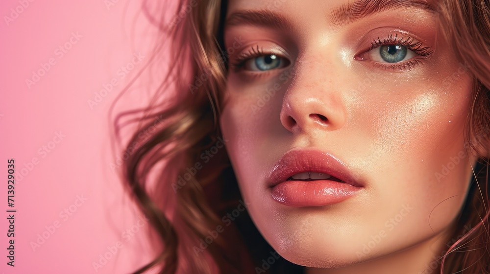Beautiful woman face close up studio on pink