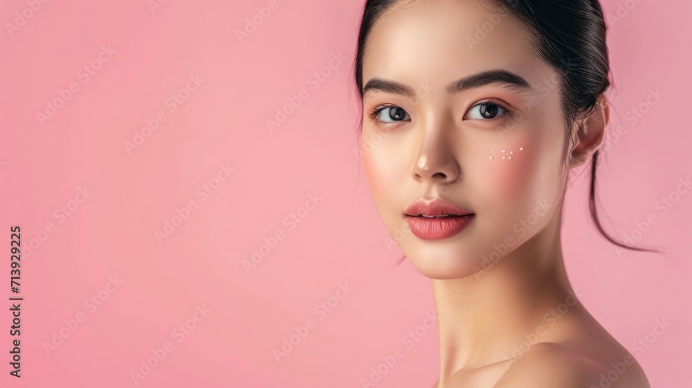 Beautiful young Asian woman with clean fresh skin on pink background, Face care, Facial treatment, Cosmetology, beauty and spa. Beautiful young Asian woman with clean fresh skin on pink background, Face care, Facial treatment, Cosmetology, beauty and spa.