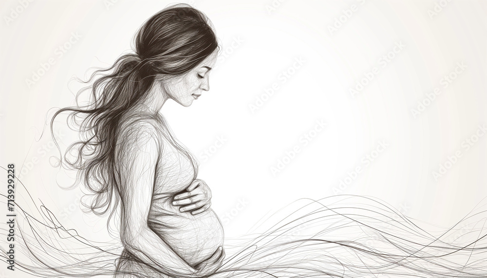 Line art sketch of pregnant woman on white background. Copy space. International Day of the Midwife, Day of the Medical Worker - obrazy, fototapety, plakaty 