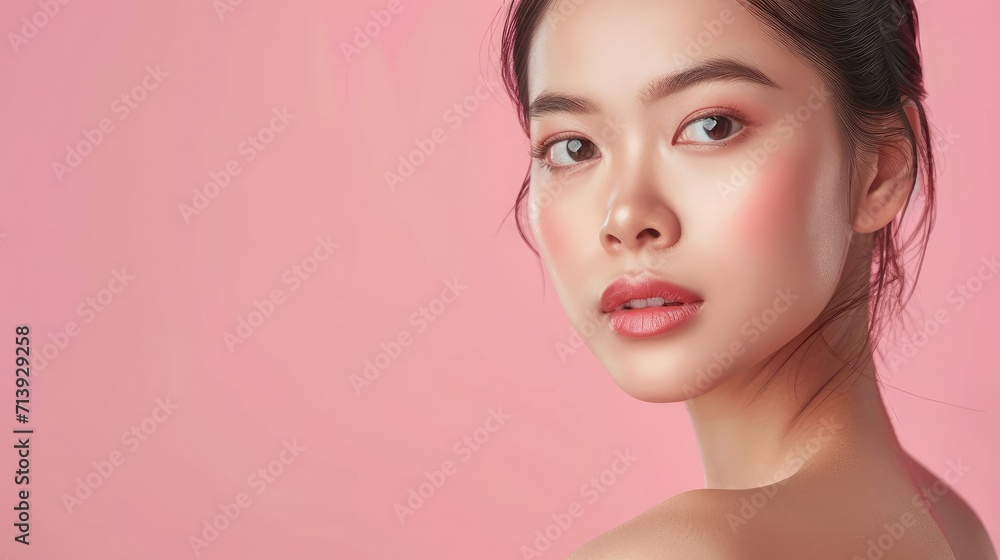 Beautiful young Asian woman with clean fresh skin on pink background, Face care, Facial treatment, Cosmetology, beauty and spa. Beautiful young Asian woman with clean fresh skin on pink background, Face care, Facial treatment, Cosmetology, beauty and spa.