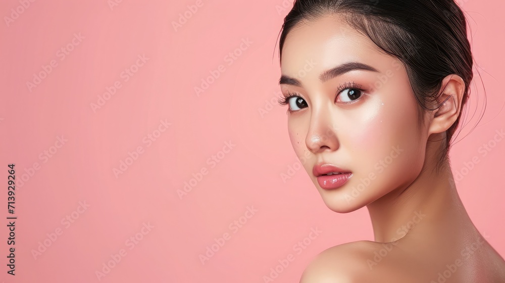 Beautiful young Asian woman with clean fresh skin on pink background, Face care, Facial treatment, Cosmetology, beauty and spa. Beautiful young Asian woman with clean fresh skin on pink background, Face care, Facial treatment, Cosmetology, beauty and spa.