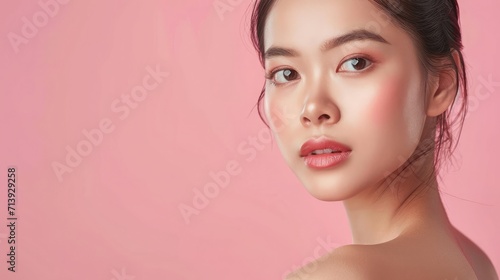 Beautiful young Asian woman with clean fresh skin on pink background, Face care, Facial treatment, Cosmetology, beauty and spa.