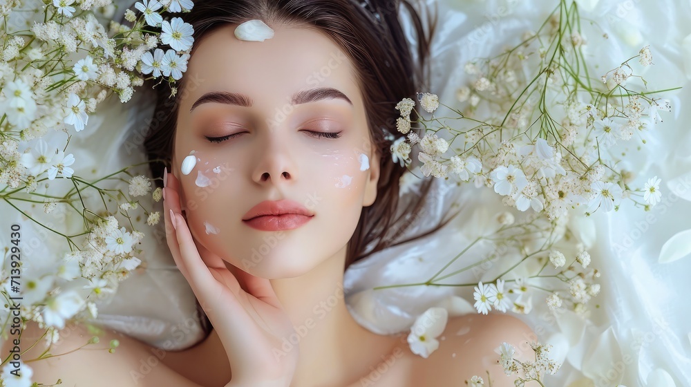 Beautiful young woman with clean fresh skin touching her face in flowers . Girl facial treatment . Cosmetology , beauty and spa . Female model, care concept Beautiful young woman with clean fresh skin touching her face in flowers . Girl facial treatment . Cosmetology , beauty and spa . Female model, care concept