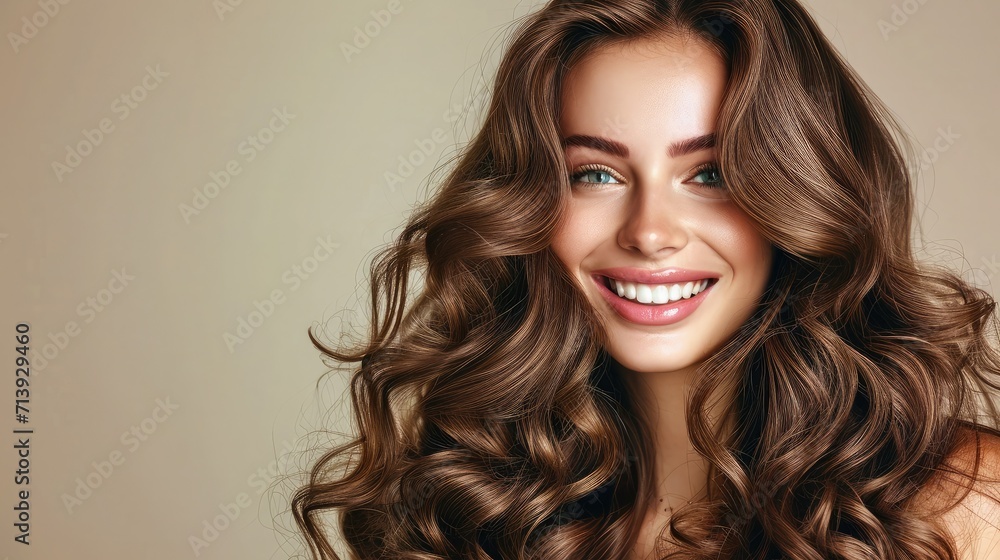 Naklejka premium Beauty brunette girl with long shiny curly hair . Beautiful smiling woman model wavy hairstyle . Cosmetology, cosmetics and make-up.