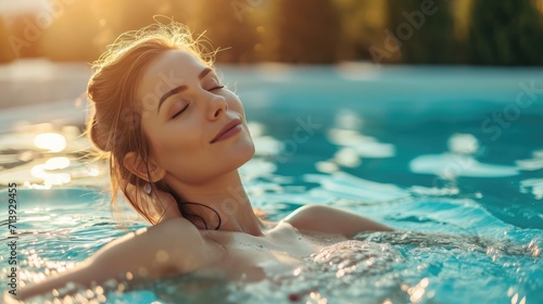 Pielęgnacja urody i ciała. Zmysłowa młoda kobieta relaksuje w plenerowym zdroju pływackim basenie.
