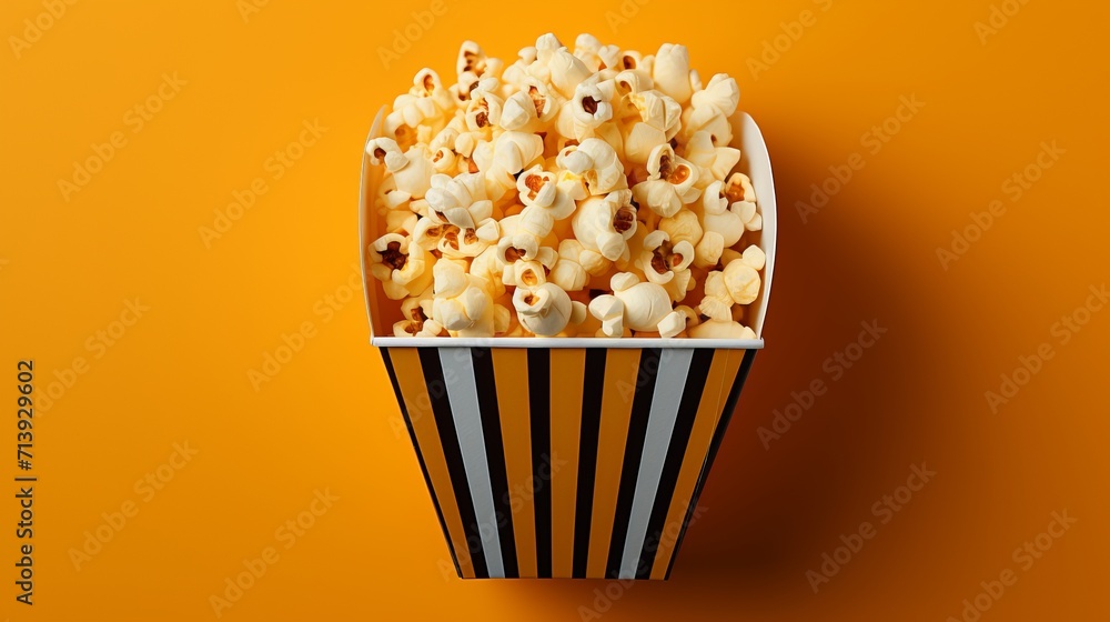 Paper box with popcorn on yellow Top view Cinema and movie fast food