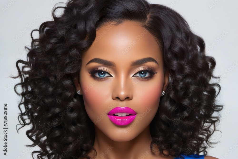 Fototapeta premium The image features a beautiful African American woman with curly hair and bright pink lipstick. She has a strong gaze and her hair is styled in tight curls.