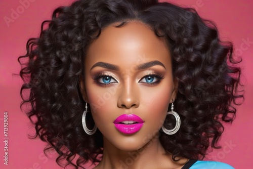 The image features a beautiful African American woman with curly hair and bright pink lipstick. She has a strong gaze and her hair is styled in tight curls.