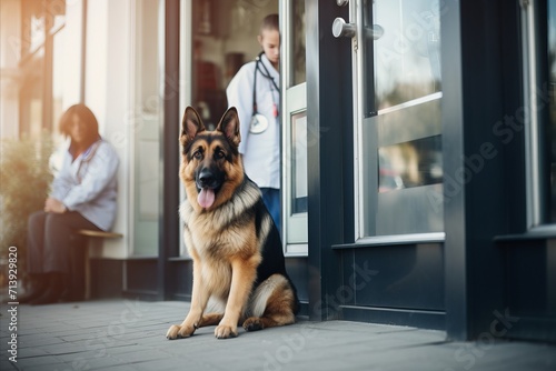 A German Shepherd waits patiently at the entrance to a veterinary clinic, with the dark entrance of the clinic and the image of a doctor in the background. photo