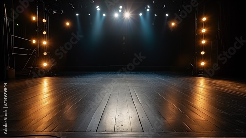 An atmospheric empty stage set on a dark floor, illuminated by vibrant stage lights strategically placed around the perimeter, creating an inviting space for a performance or event. © TensorSpark