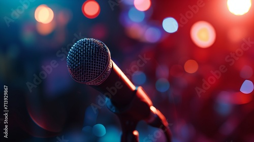 A single, sleek microphone stands on an illuminated stage, bathed in a dramatic spotlight with a dark, blurred background hinting at an expectant audience.