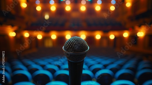 An empty stage with a single microphone stand at the center, spotlight shining down, in front of rows of empty seats in a dimly lit auditorium awaiting a performance.