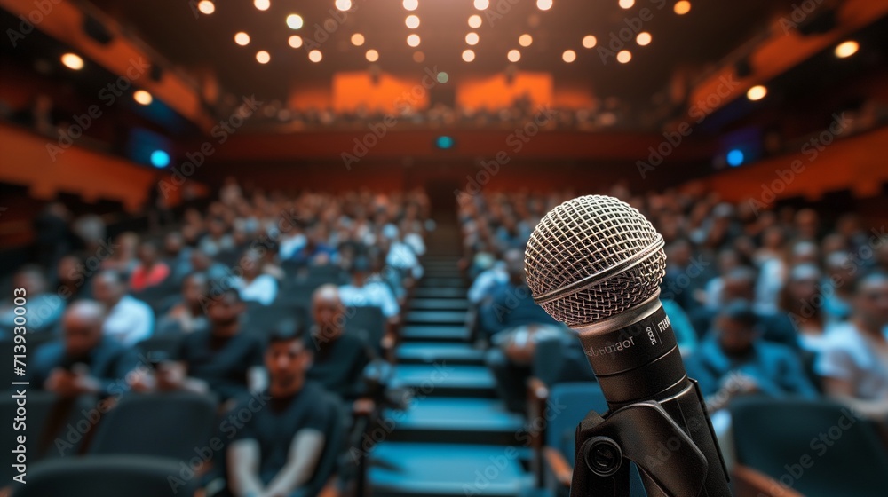 A single microphone on a stand is highlighted by a spotlight against a blurred background of an auditorium filled with an expectant audience, suggesting a live performance or speech. - obrazy, fototapety, plakaty 