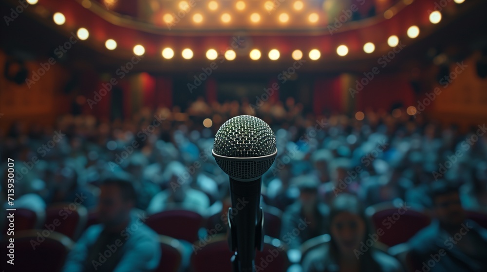 A single microphone on a stand is highlighted by a spotlight against a blurred background of an auditorium filled with an expectant audience, suggesting a live performance or speech. - obrazy, fototapety, plakaty 