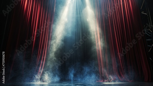 Stage background design, heavy velvet curtain open, black stage background illuminated by bright rays of light, spotlights and artificial smoke.