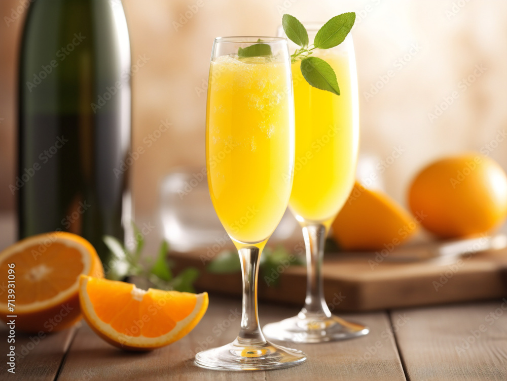 A refreshing mimosa cocktail made with orange juice and champagne, served in vintage 52 style. A refreshing mimosa cocktail made with orange juice and champagne, served in vintage 52 style.
