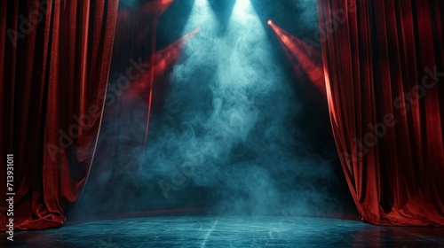 Stage background design, heavy velvet curtain open, black stage background illuminated by bright rays of light, spotlights and artificial smoke. photo