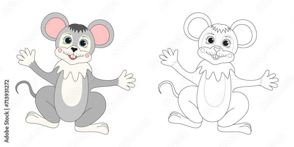 Funny mouse line and color illustration. Cartoon vector illustration for coloring book.