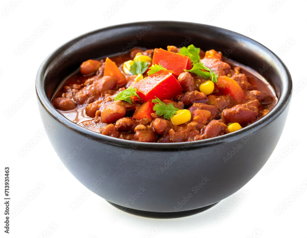 Chili con carne in Schüssel isoliert auf weißen Hintergrund, Freisteller Chili con carne in Schüssel isoliert auf weißen Hintergrund, Freisteller